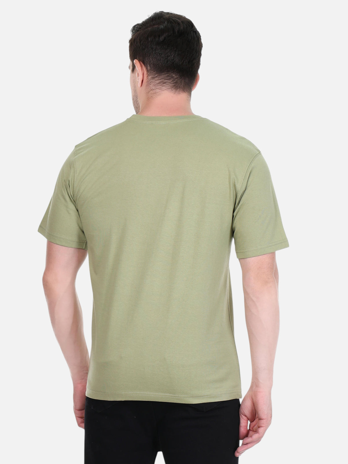 Back view of a man wearing an olive green enaay.com round neck cotton t-shirt with half sleeves