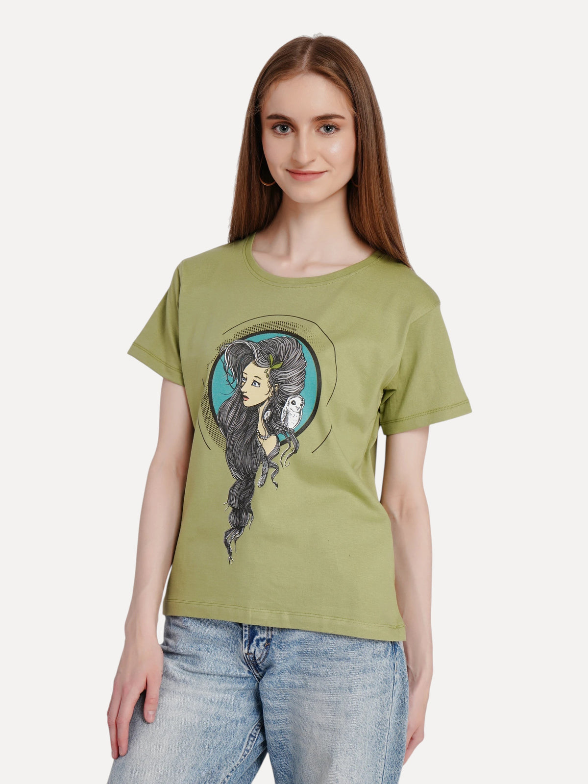 enaay.com olive green crew-neck cotton t-shirt featuring a Mystic Muse graphic print worn by a woman