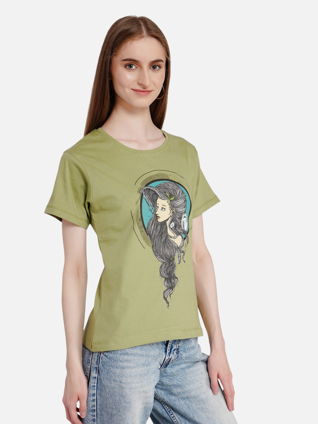 enaay.com olive green crew-neck cotton t-shirt featuring a Mystic Muse graphic print worn by a woman