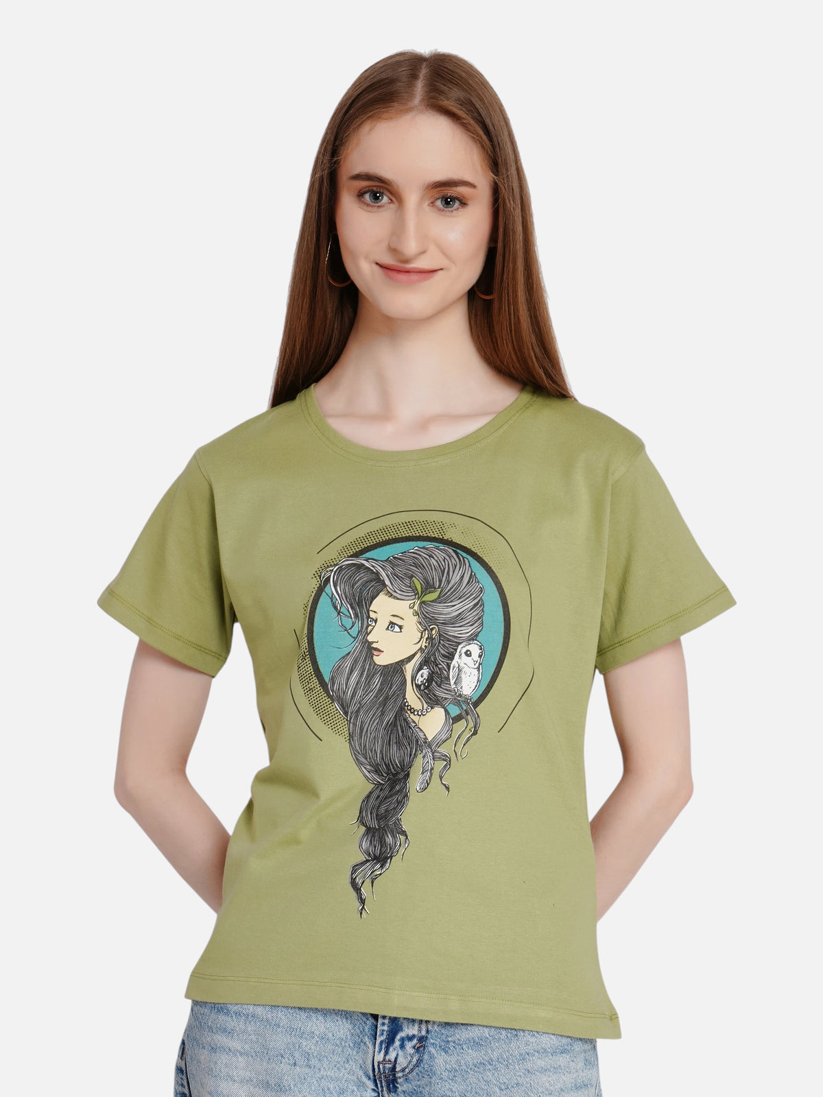 enaay.com women's olive green crew-neck cotton t-shirt featuring a Mystic Muse graphic print on a model