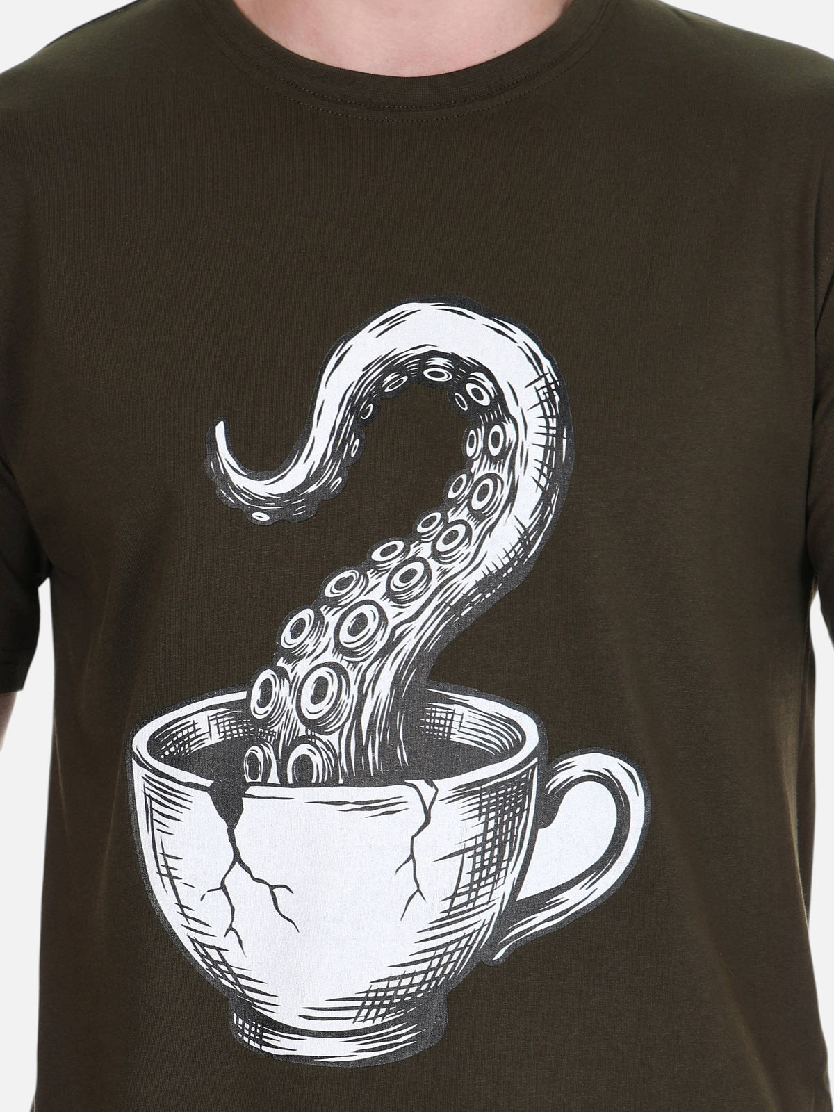 enaay.com olive green cotton t-shirt featuring a surreal white graphic of an octopus tentacle in a cracked coffee cup