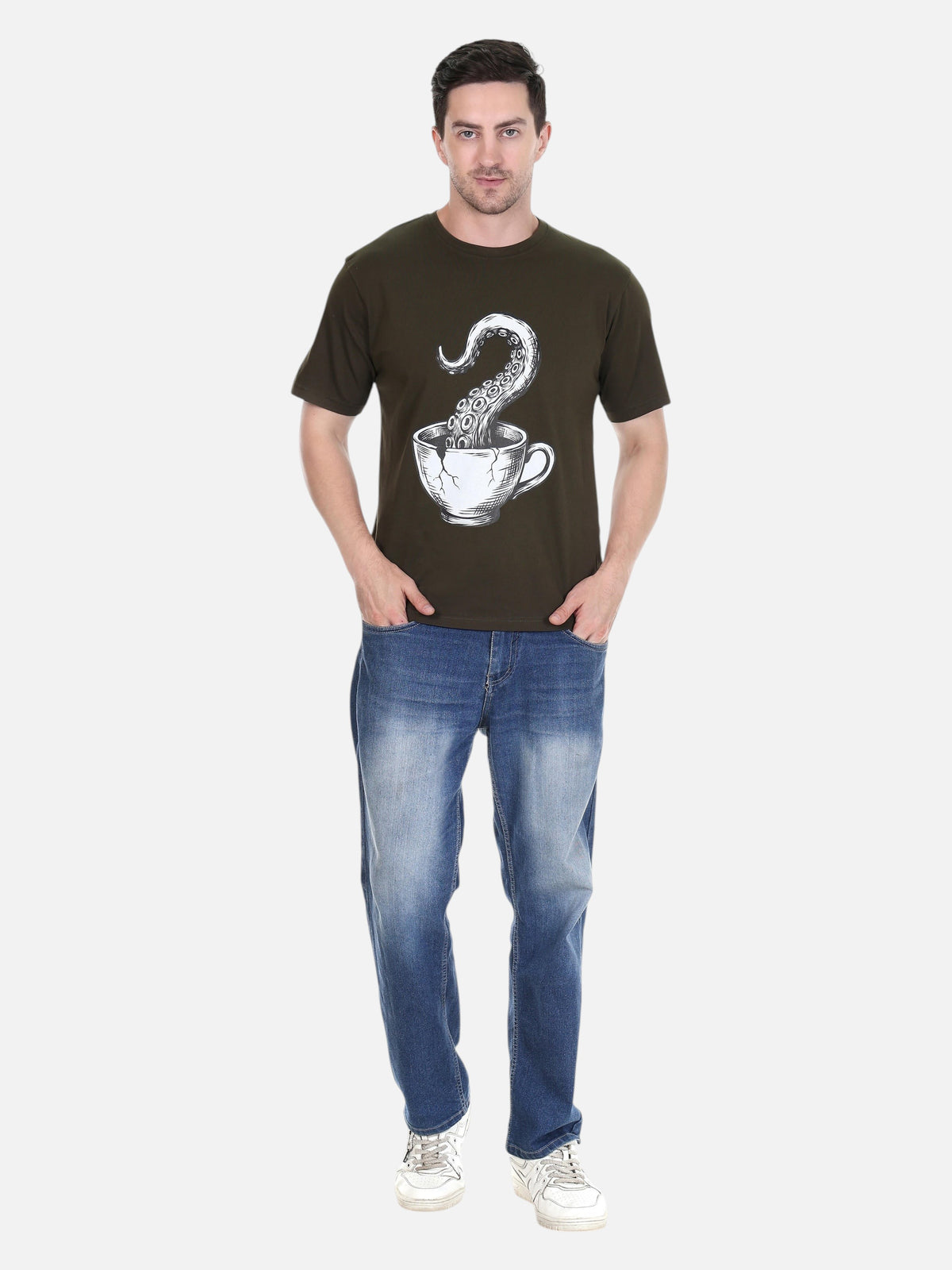 A man wearing an enaay.com olive green cotton t-shirt with a surreal octopus tentacle and coffee cup graphic print.