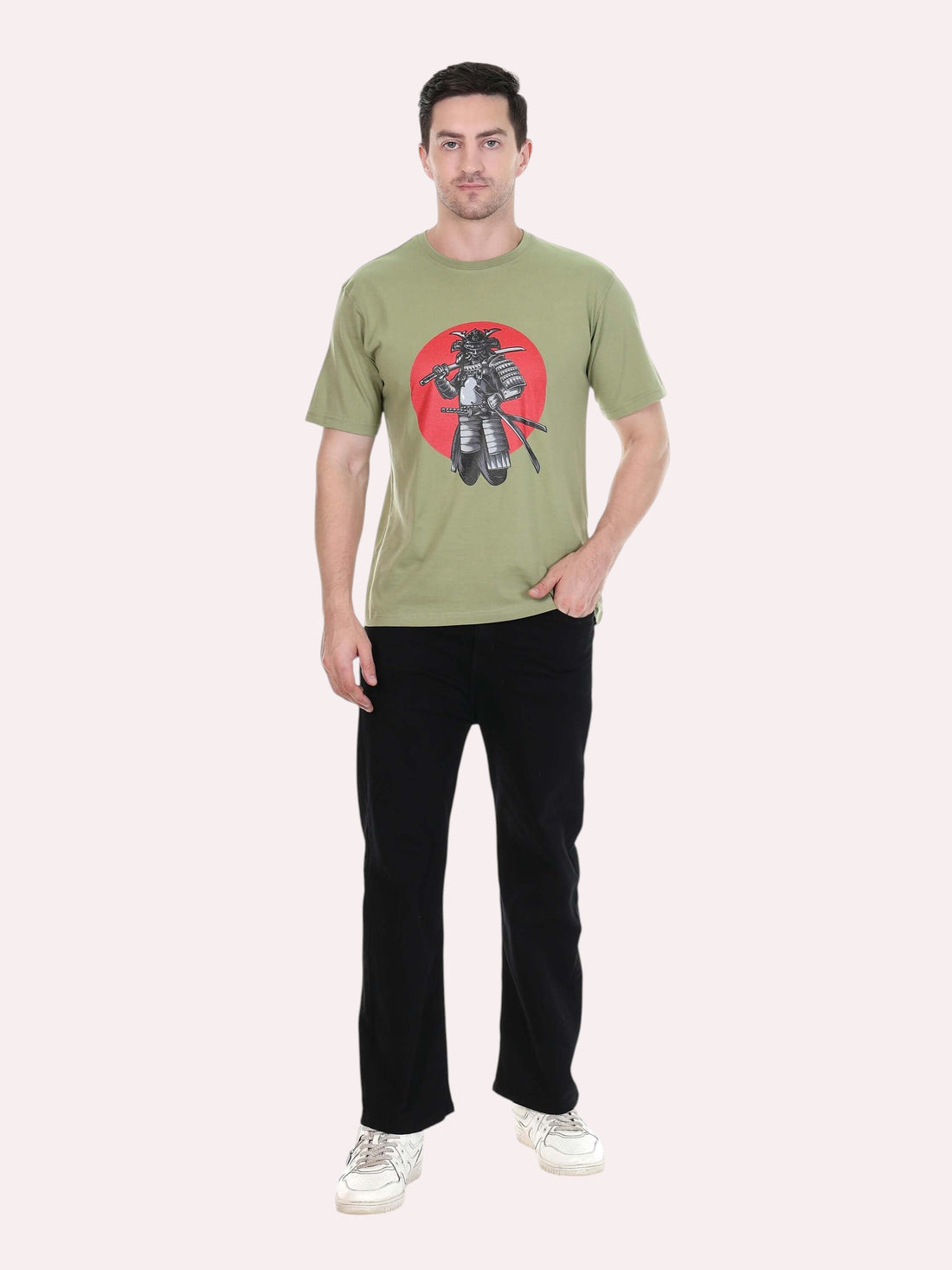 enaay.com olive green crew neck t-shirt featuring a detailed samurai warrior graphic on a red circular background