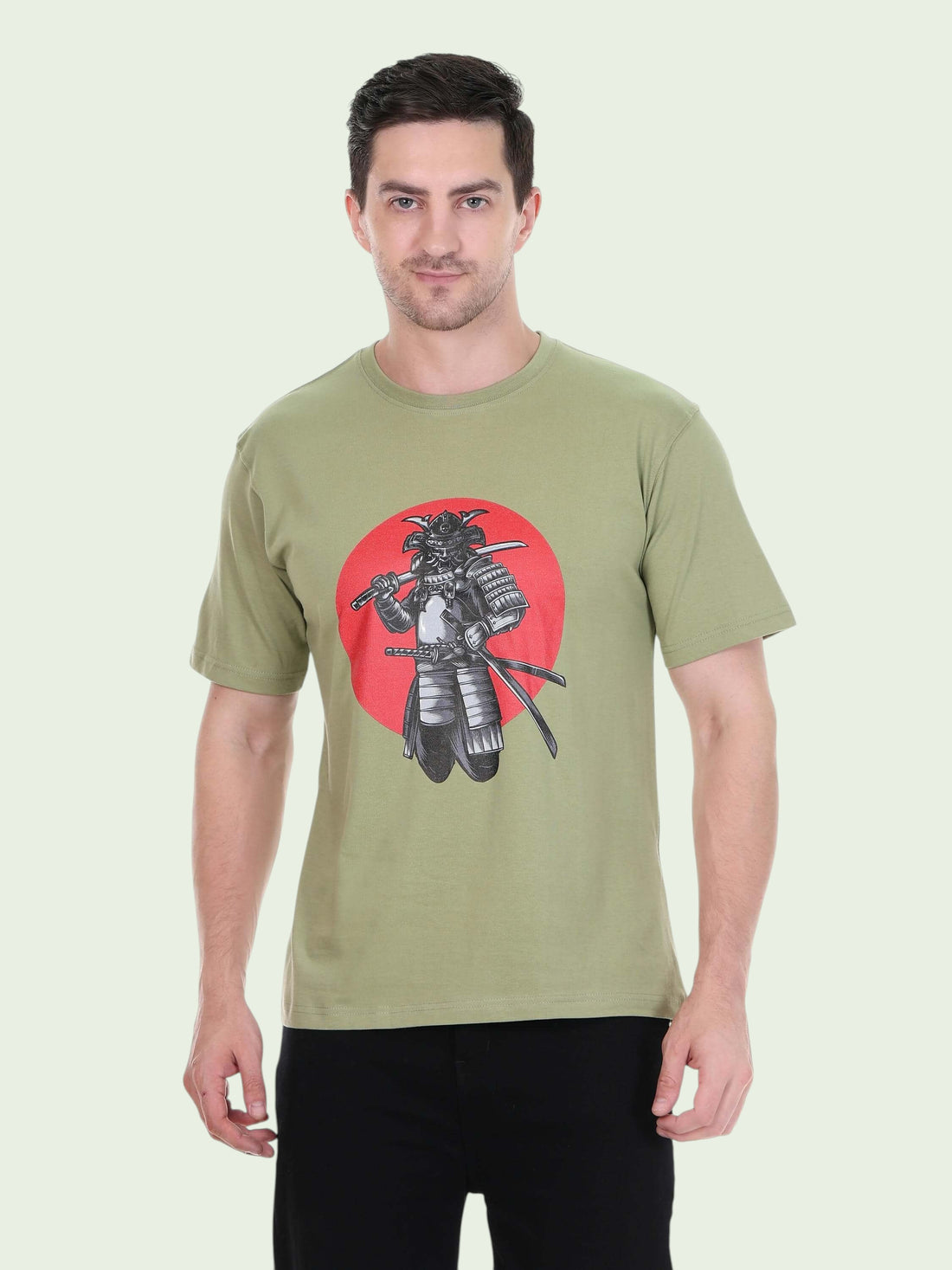 enaay.com olive green crew neck t-shirt featuring a detailed samurai warrior graphic on a red circular background