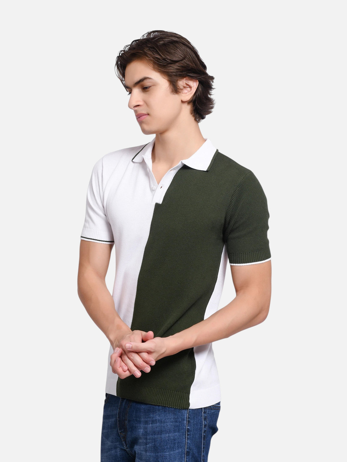 Model wearing an enaay.com olive green and white colour-block knitted polo shirt with a button placket and ribbed trim