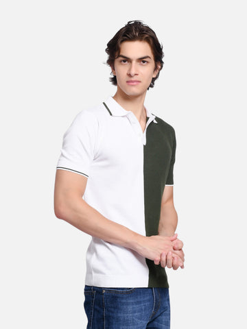 Model wearing an enaay.com olive green and white colour-block knitted polo shirt with a classic collar and button front