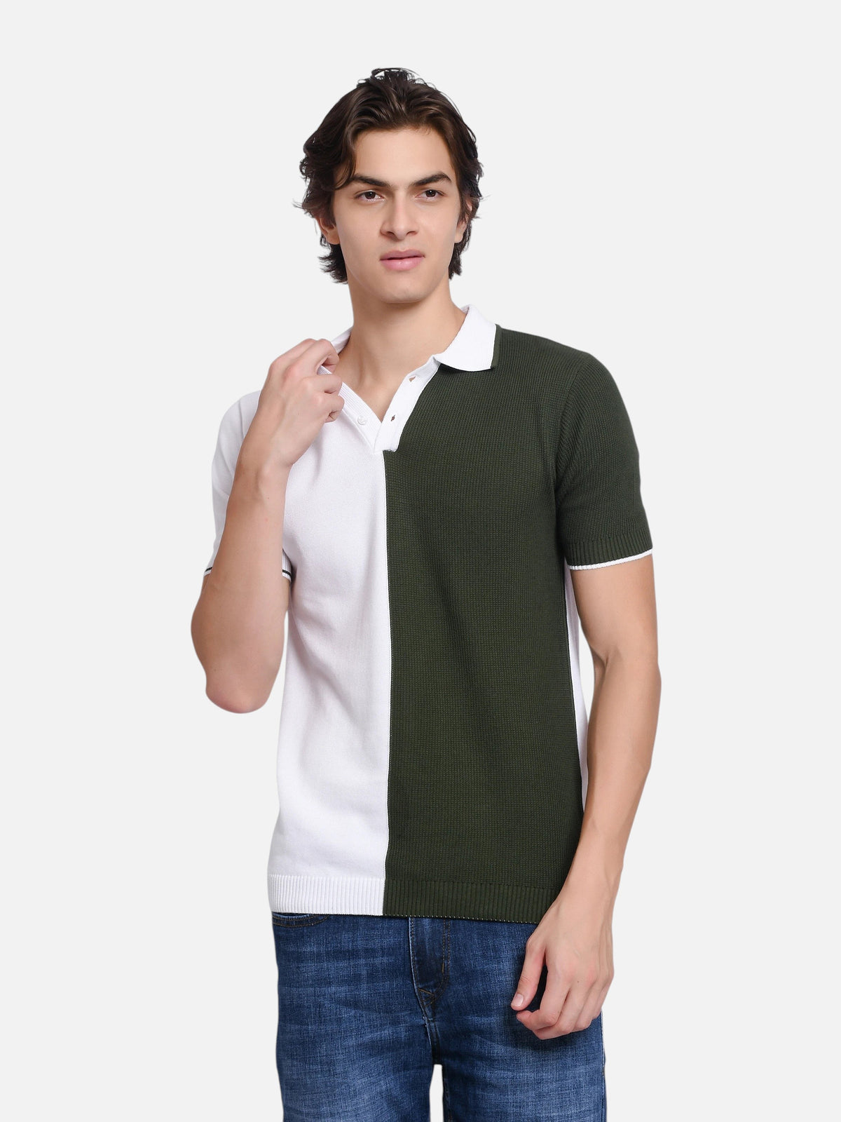 Model wearing an enaay.com olive green and white colour-block knitted polo shirt with a button placket and ribbed trim