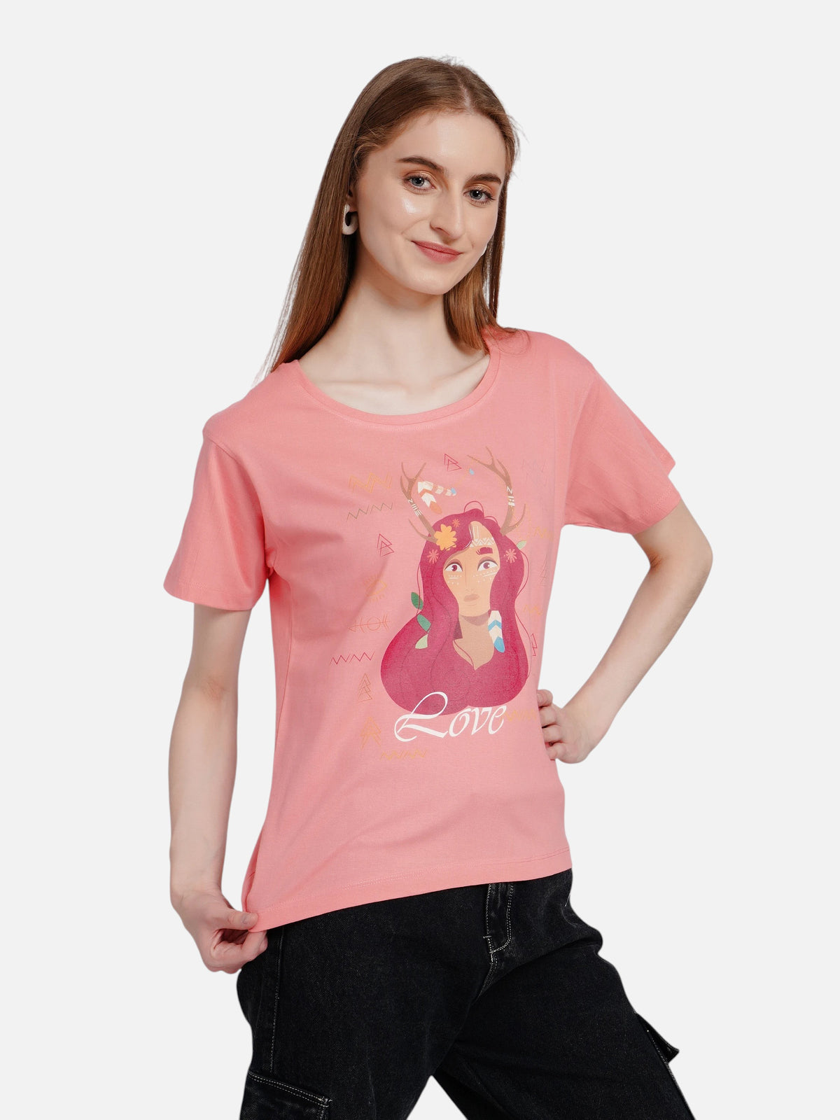 Model wearing an enaay.com peach pink cotton round neck t-shirt with a boho girl Love graphic print