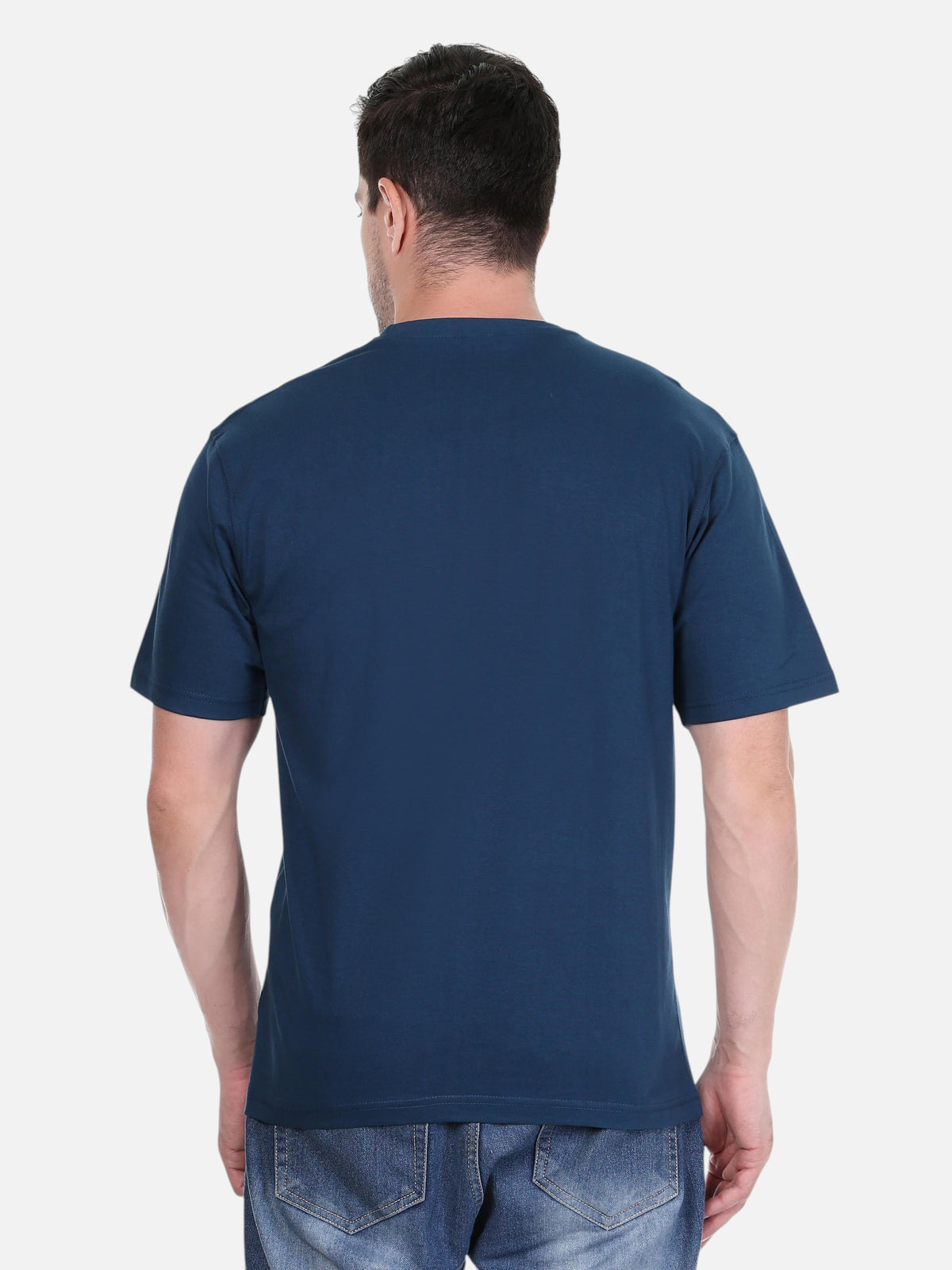 Back view of a man wearing an enaay.com petrol blue cotton round neck t-shirt with a regular fit