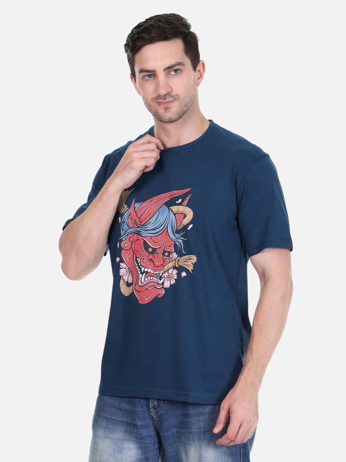 Model wearing an enaay.com petrol blue cotton t-shirt with a red Japanese Oni demon mask and cherry blossom graphic
