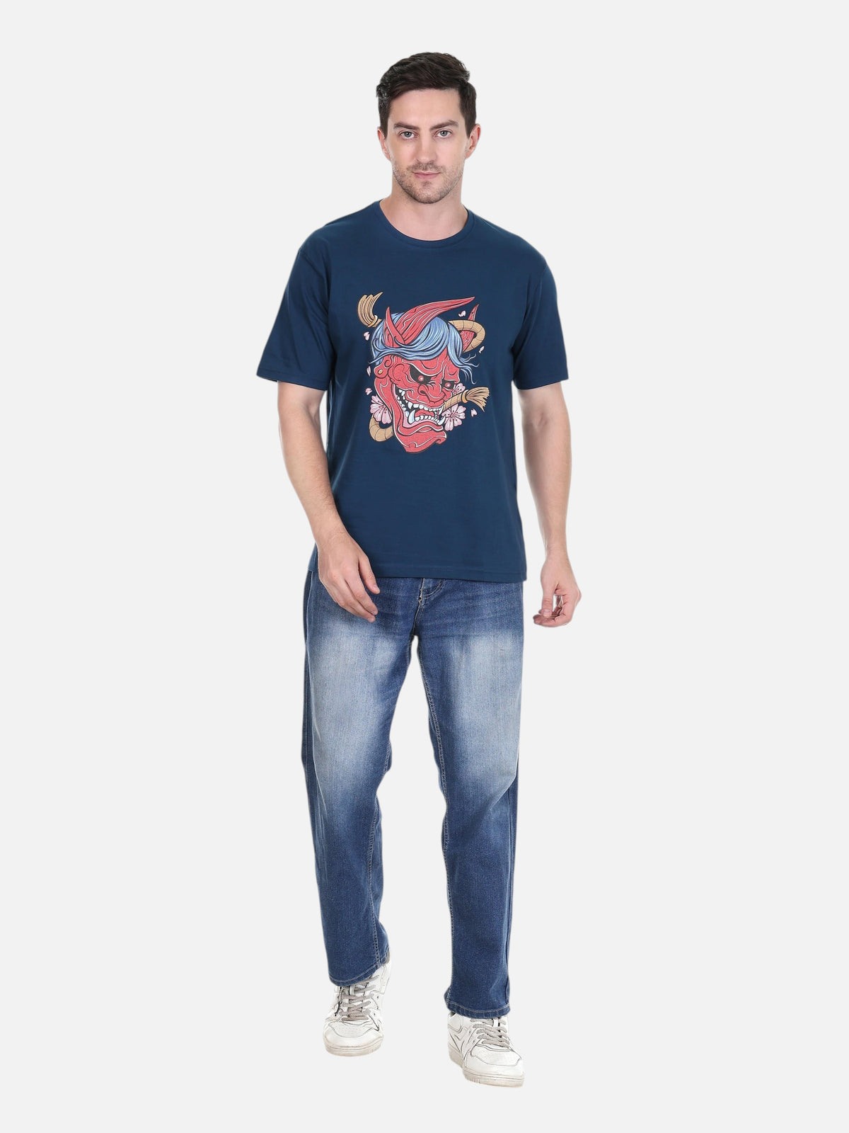 Model wearing an enaay.com petrol blue cotton t-shirt with a Japanese Oni demon mask and cherry blossom graphic print.