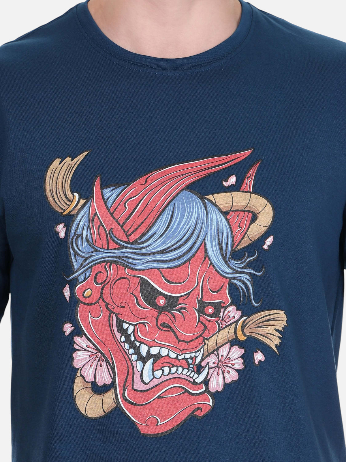 enaay.com petrol blue cotton t-shirt featuring a detailed red Japanese Oni demon mask graphic with cherry blossoms
