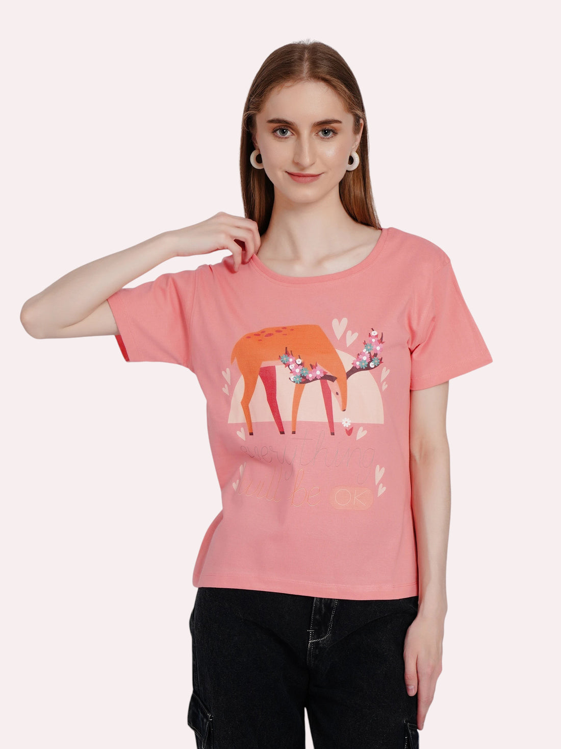 enaay.com pink cotton t-shirt featuring a deer graphic with flowers and the text Everything Will Be OK on a model