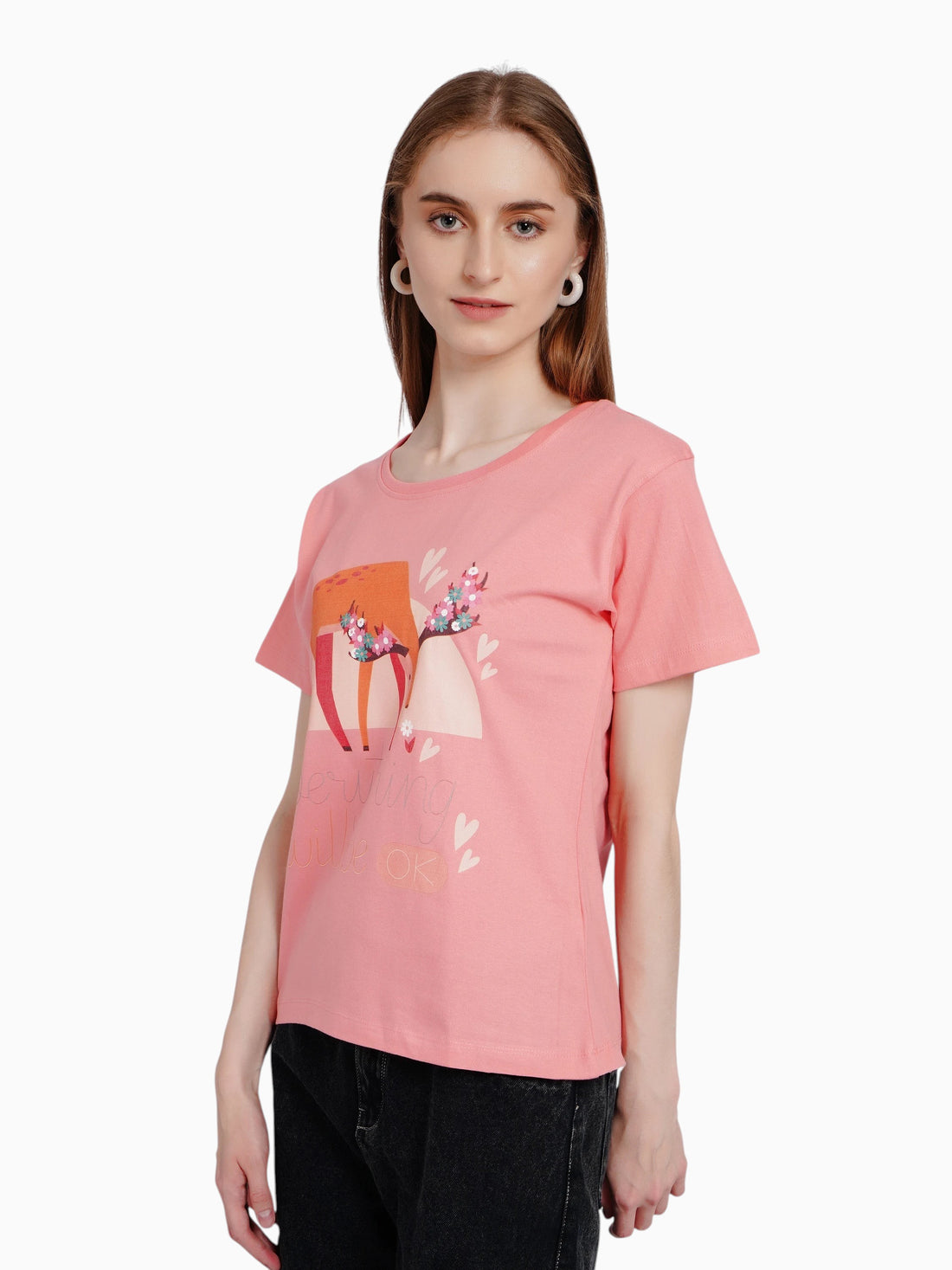 enaay.com pink cotton t-shirt featuring a deer graphic with flowers and the text Everything Will Be OK on a model
