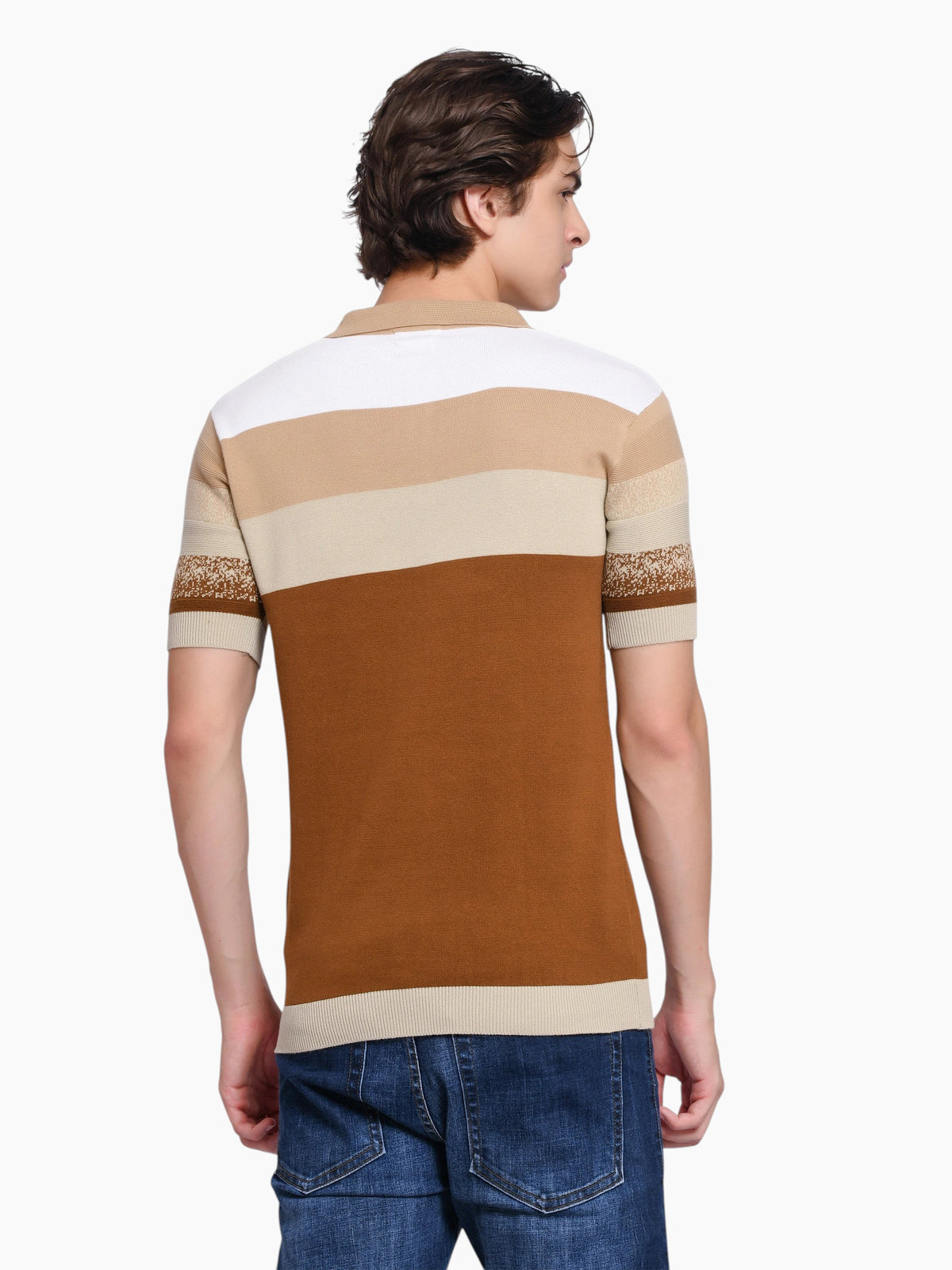 Back view of a man wearing an enaay.com striped knit polo shirt with white, beige, and brown horizontal color blocks.