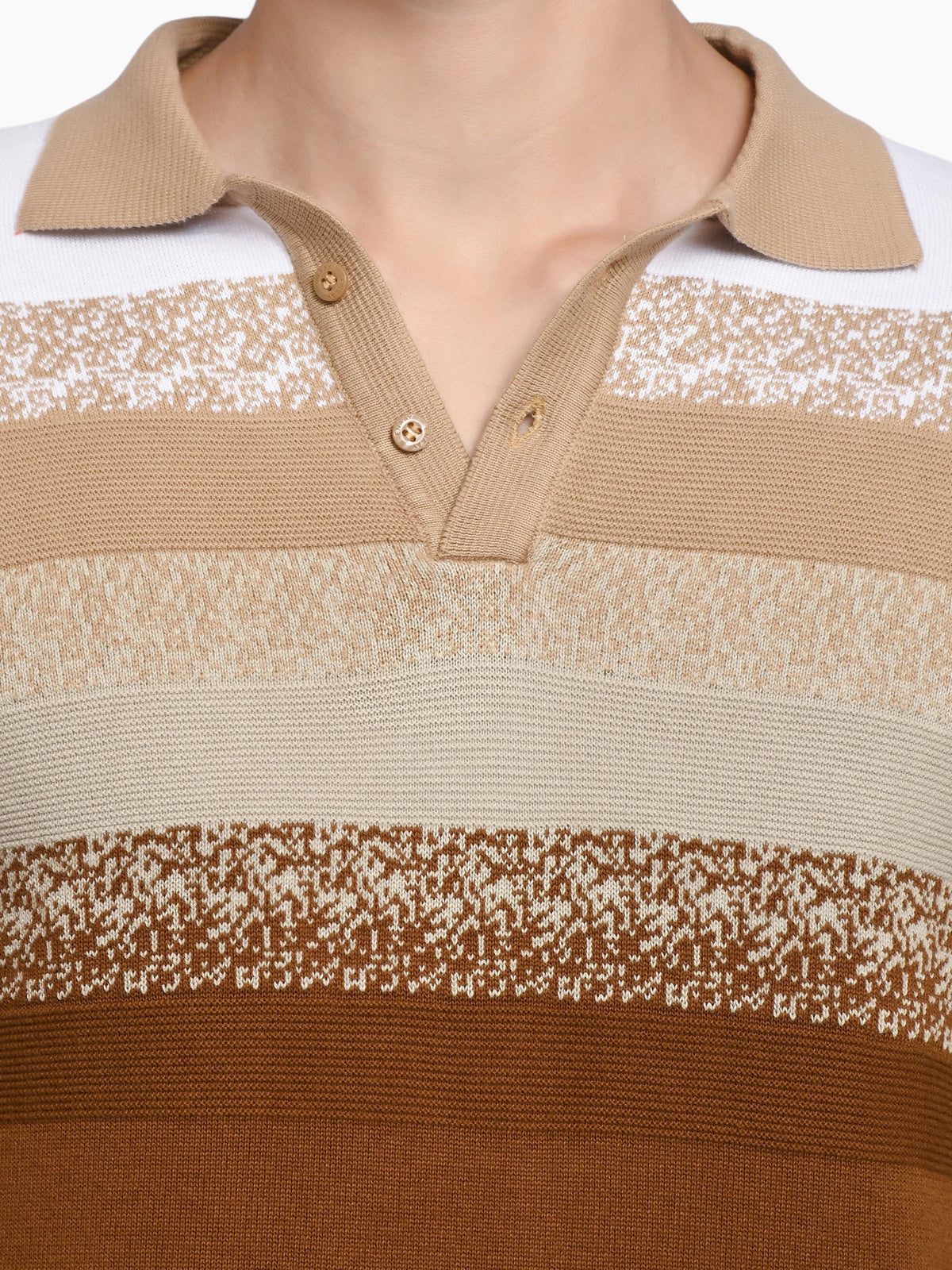 enaay.com men's striped knit polo shirt featuring a beige collar and horizontal brown, rust, and white textured stripes