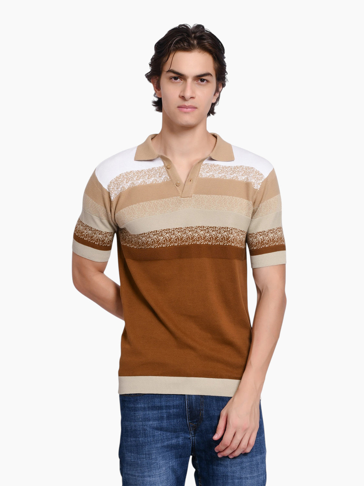 enaay.com men's short-sleeve knit polo shirt with horizontal stripes in white, beige, and brown with a 3-button collar.