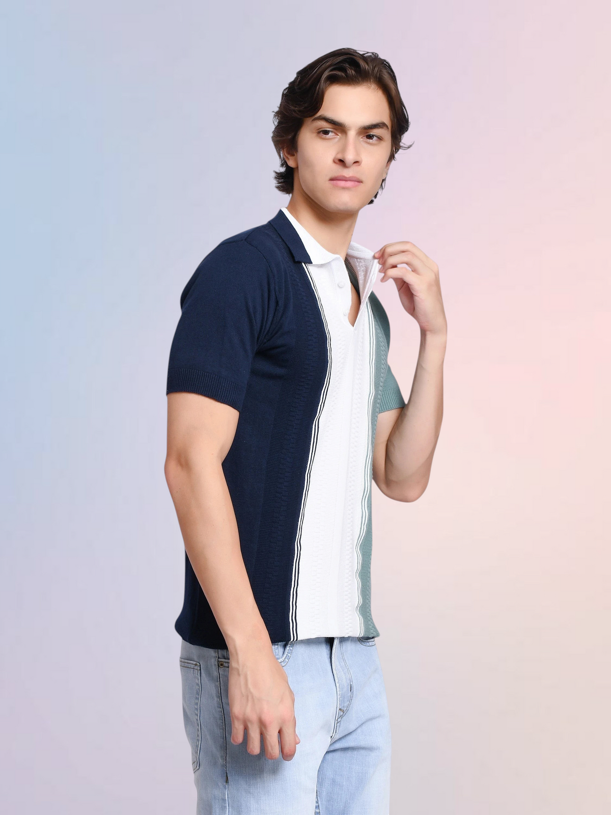 enaay.com men's navy, white, and sage green colorblock knit polo shirt with vertical pinstripes and ribbed collar
