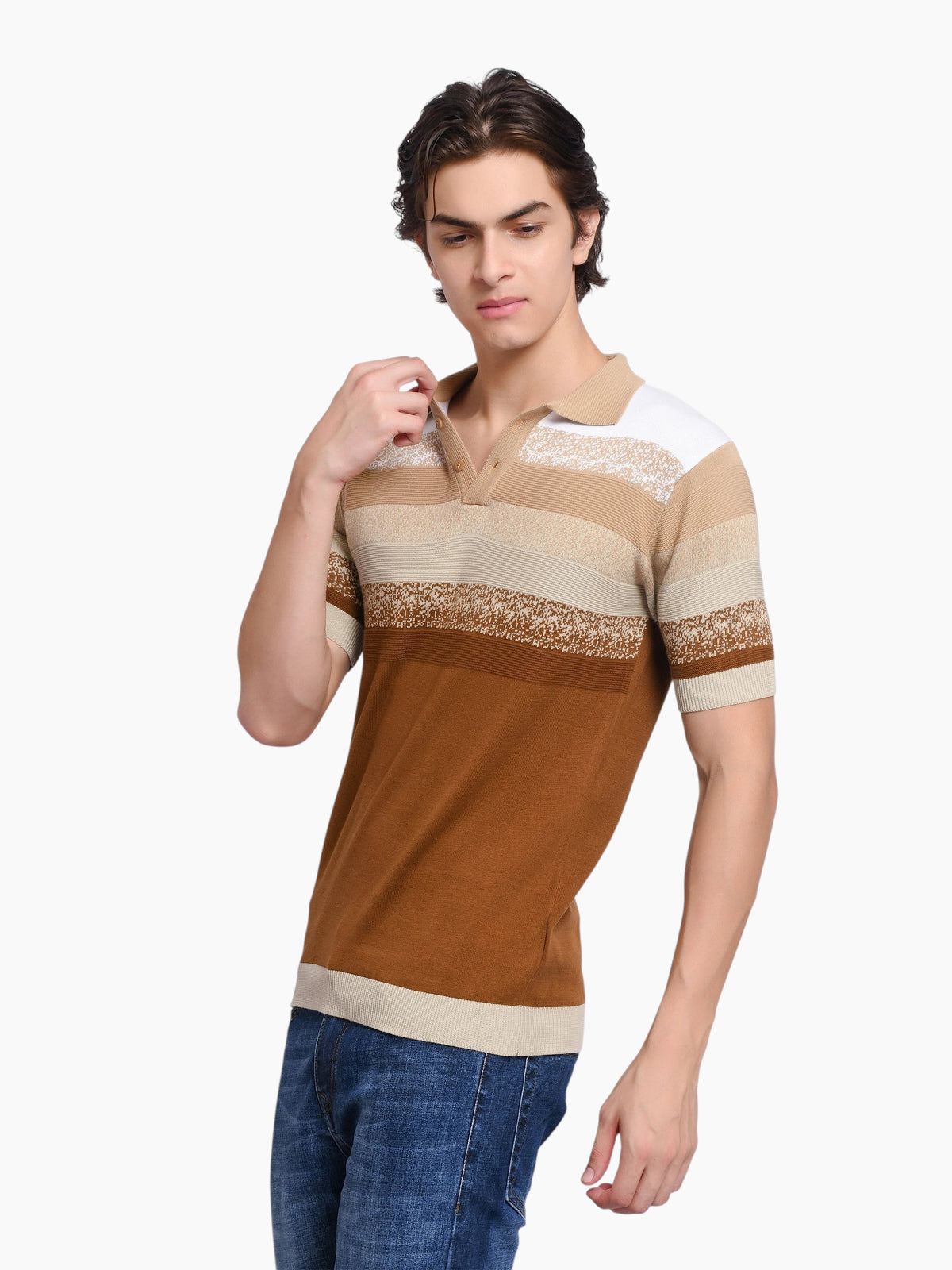 enaay.com men's short-sleeve knit polo shirt featuring horizontal stripes in white, beige, brown, and rust tones.