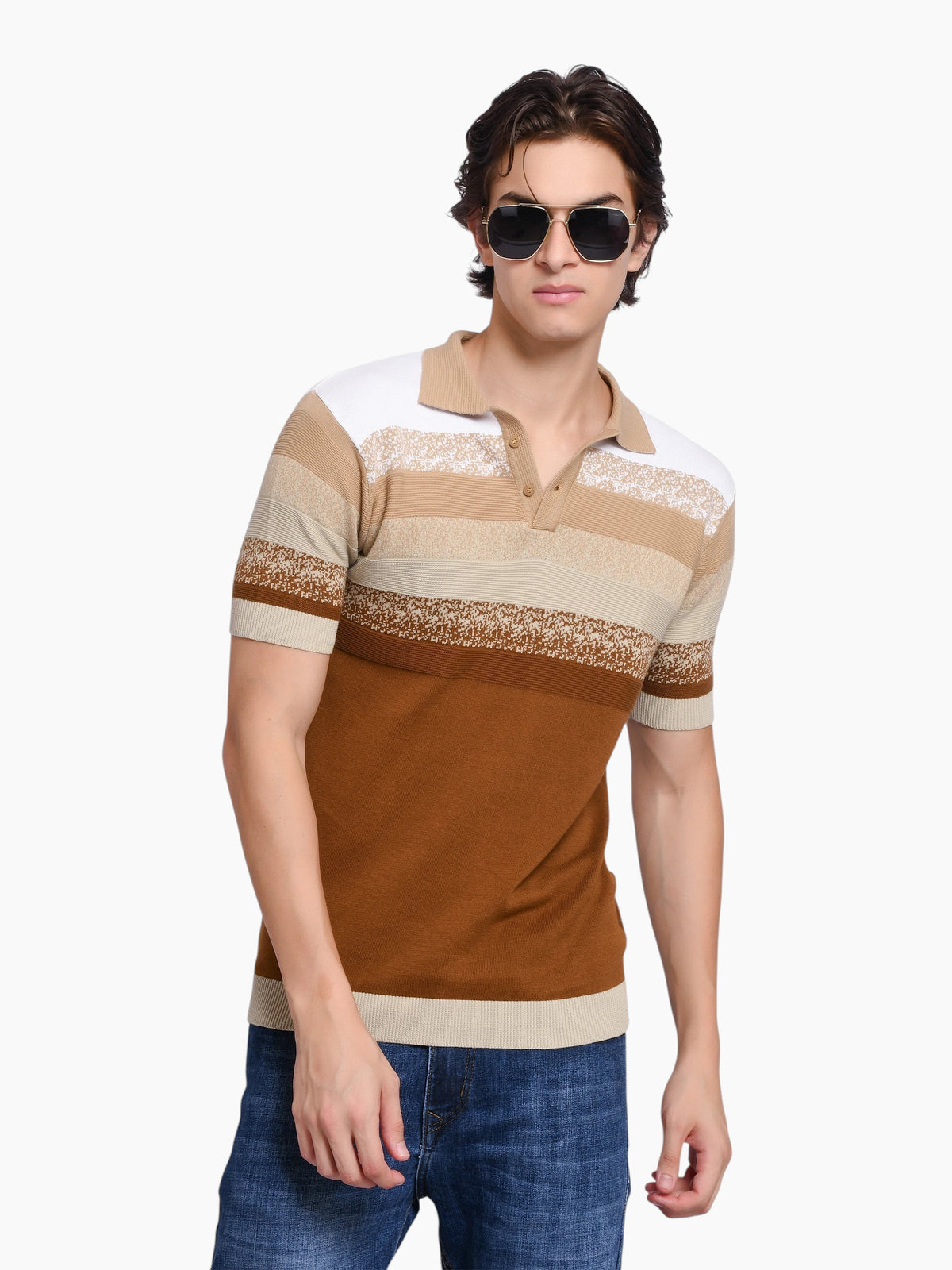 Model wearing an enaay.com striped knit polo shirt in white, beige, and brown with a 3-button placket and short sleeves