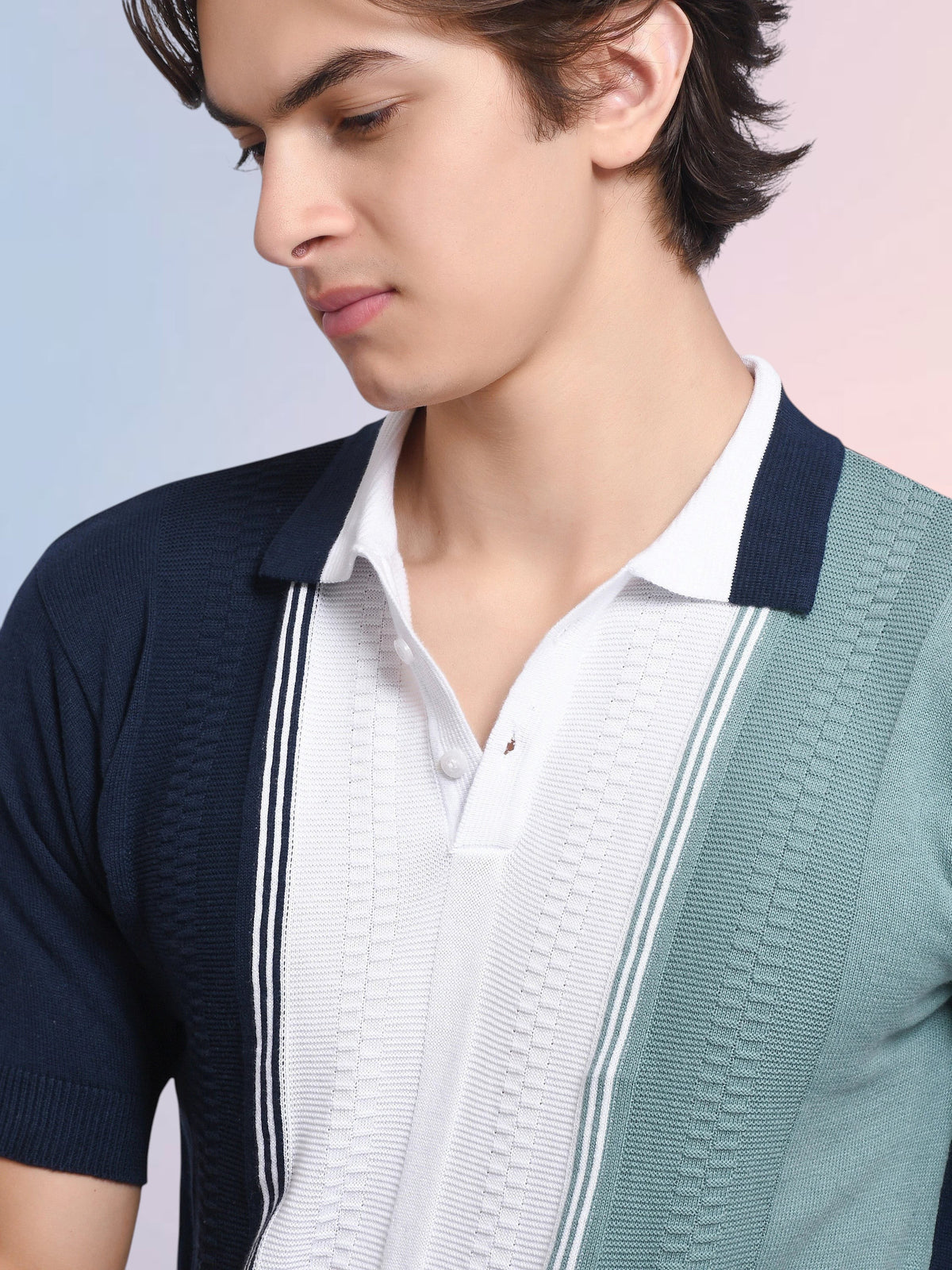 enaay.com men's navy, white, and sage green colorblock knit polo shirt with vertical pinstripes and ribbed collar