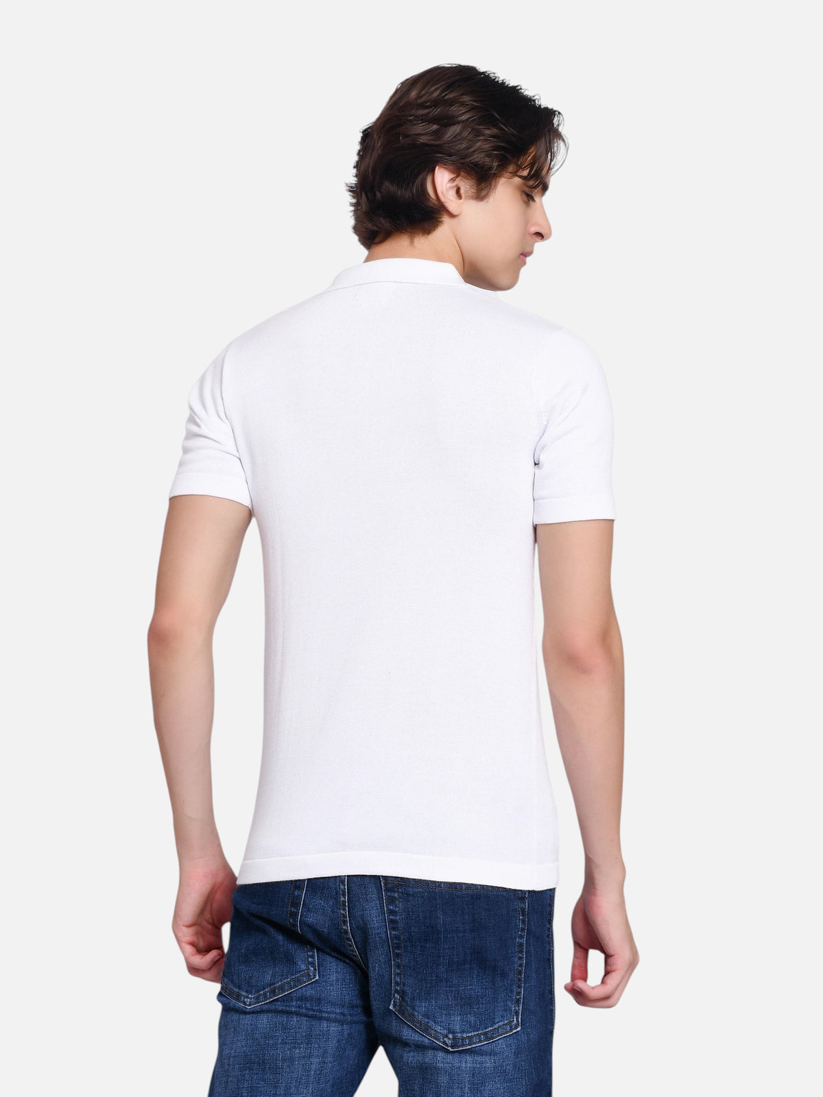 enaay.com men's white knit polo shirt worn by a model, back view showing slim fit and short sleeves