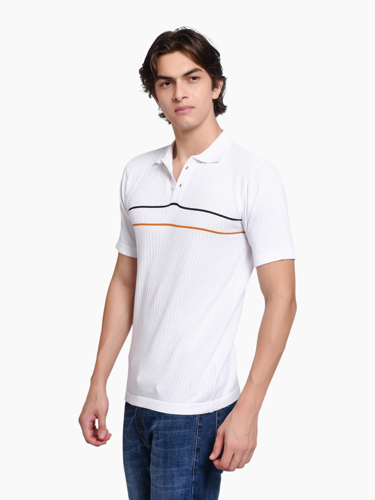 Model wearing an enaay.com white knit polo shirt with black and orange chest stripes and a classic button placket