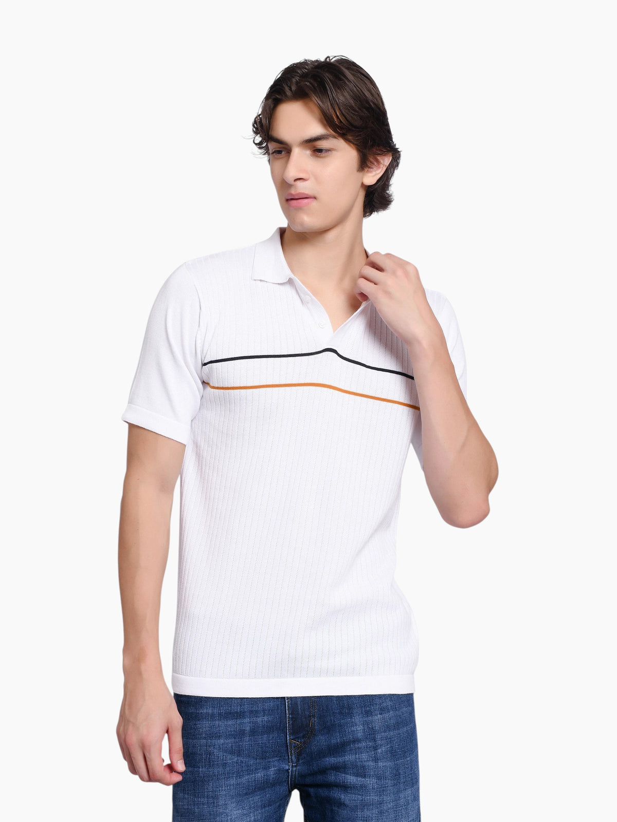 A man wearing an enaay.com white knit polo shirt with black and orange chest stripes and a classic collar.