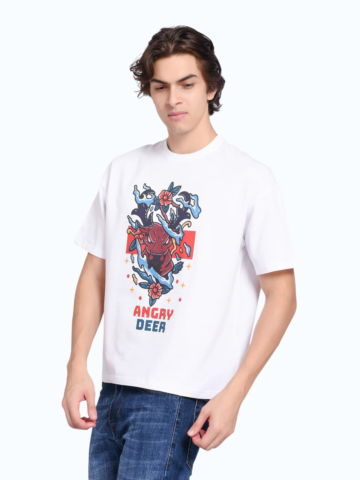 enaay.com men's white oversized t-shirt featuring a vibrant angry deer graphic print with floral and flame details