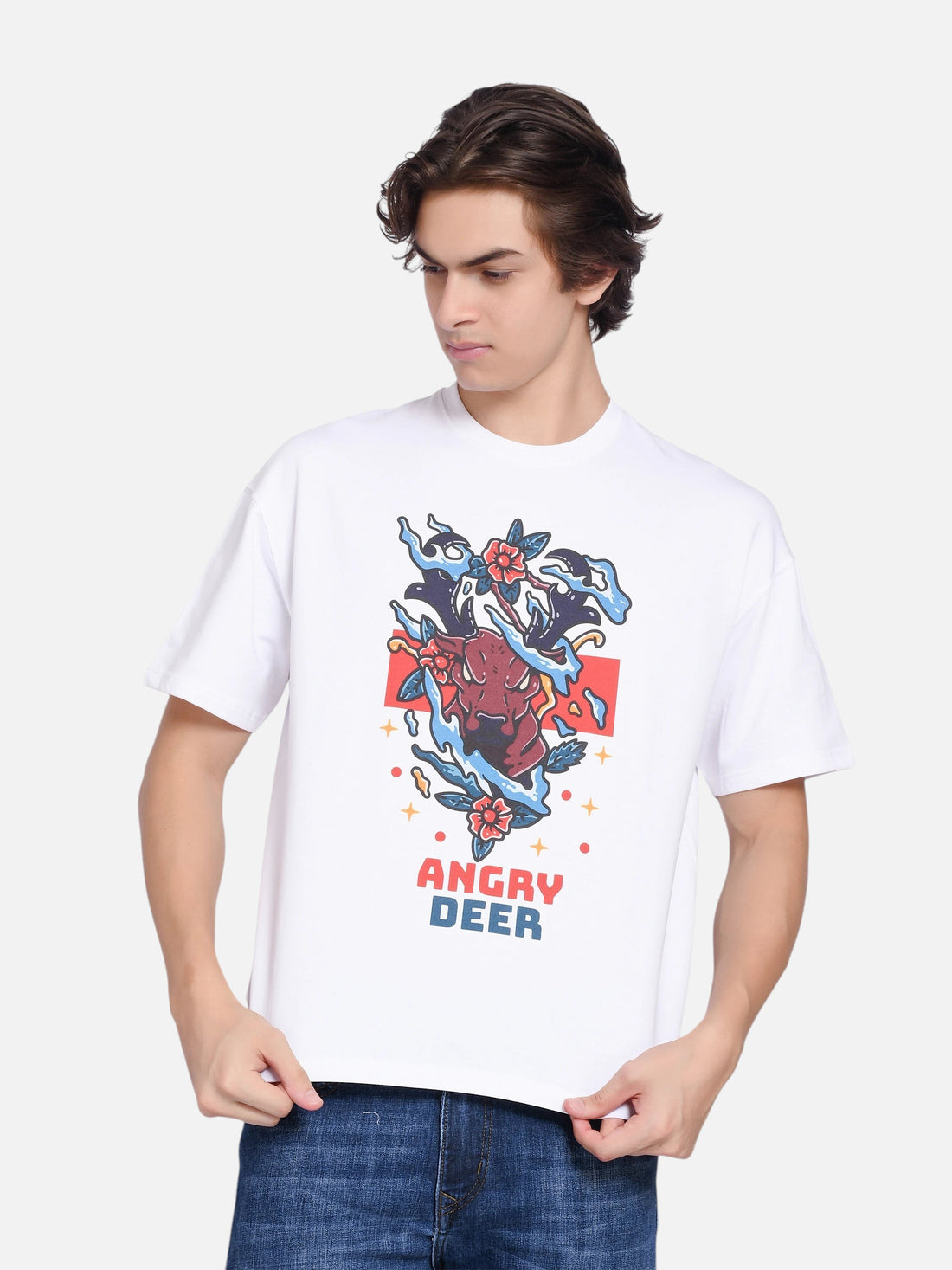 enaay.com men's white oversized t-shirt featuring a vibrant angry deer graphic print with floral and flame details