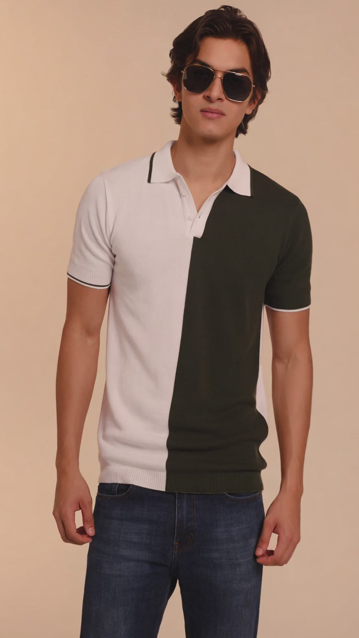 Men's Olive Green & White Colour-Block Knit Polo T-Shirt